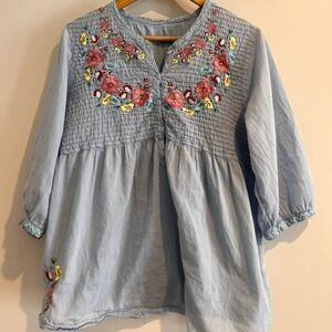Johnny Was Large Embroidered Boho Peasant Top Button Down Pleated Babydoll Blue
